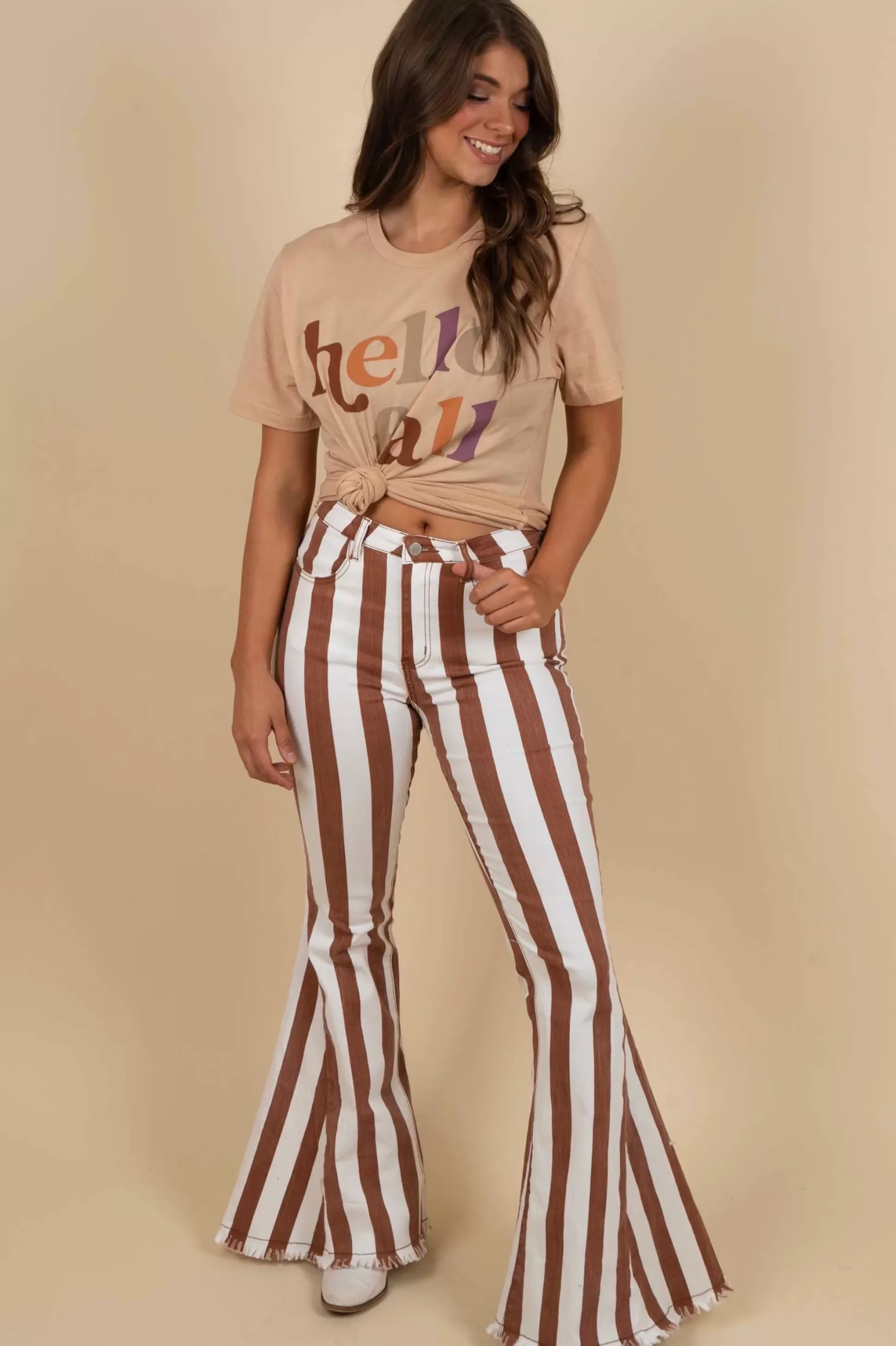 Blushing Brunette Ella Striped Flares (Cream/Rust)>Women Bell Bottoms/Flares