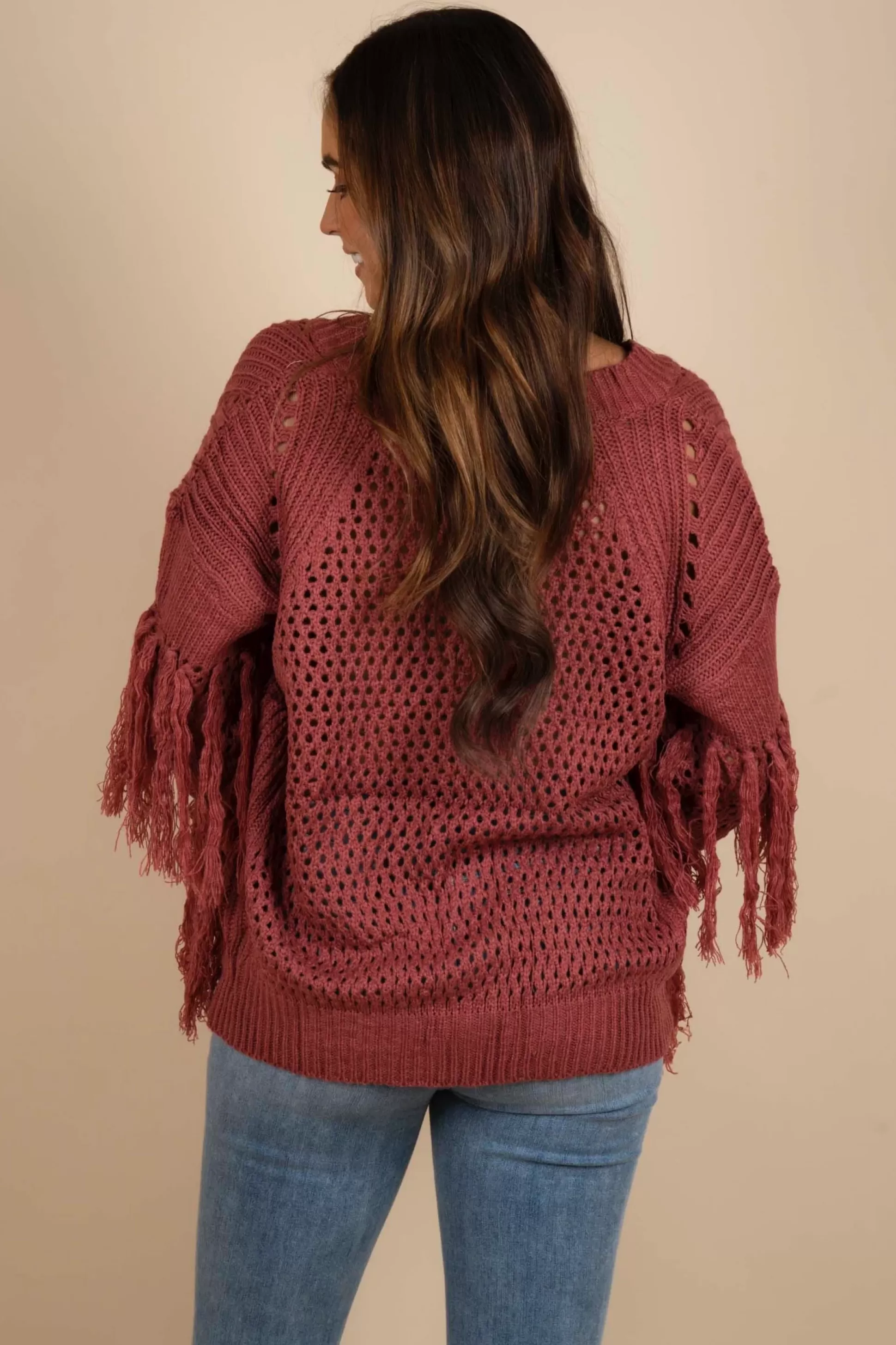 Blushing Brunette Feeling The Fringe Sweater>Women Sweaters