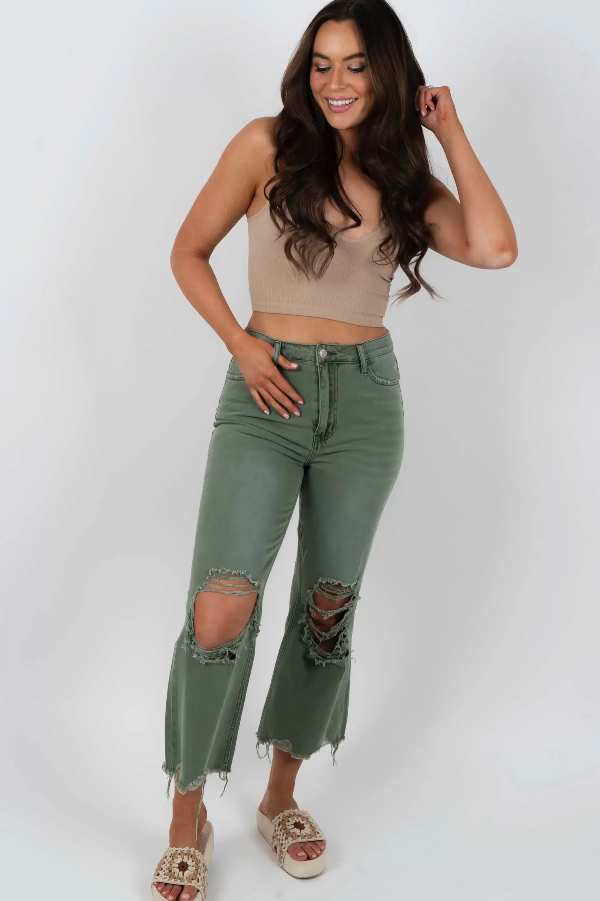 Blushing Brunette Fun & Free Cropped Jeans (Army Green)>Women Pants And Jeans