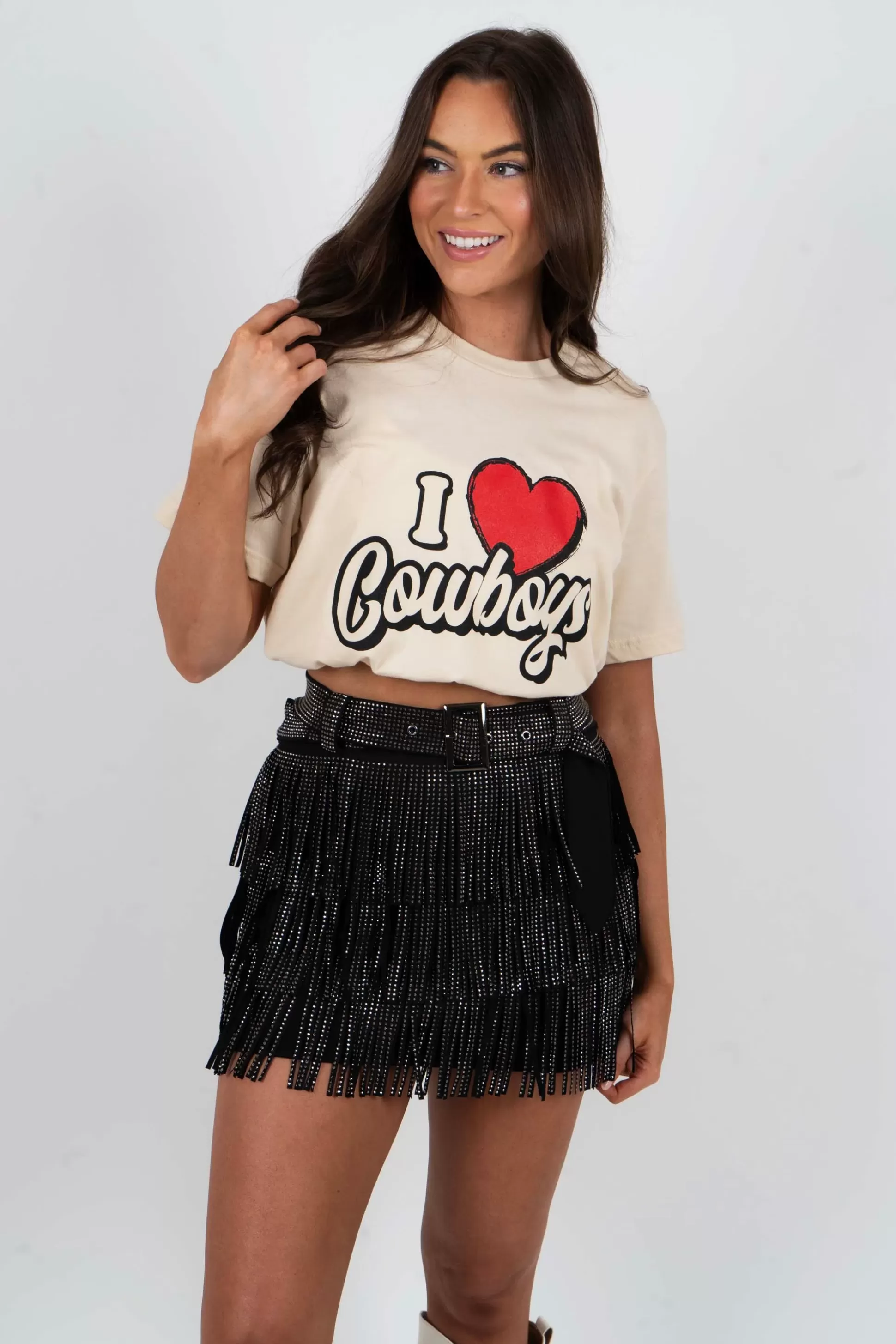 Blushing Brunette I Love Cowboys Script Graphic Tee>Women Graphics