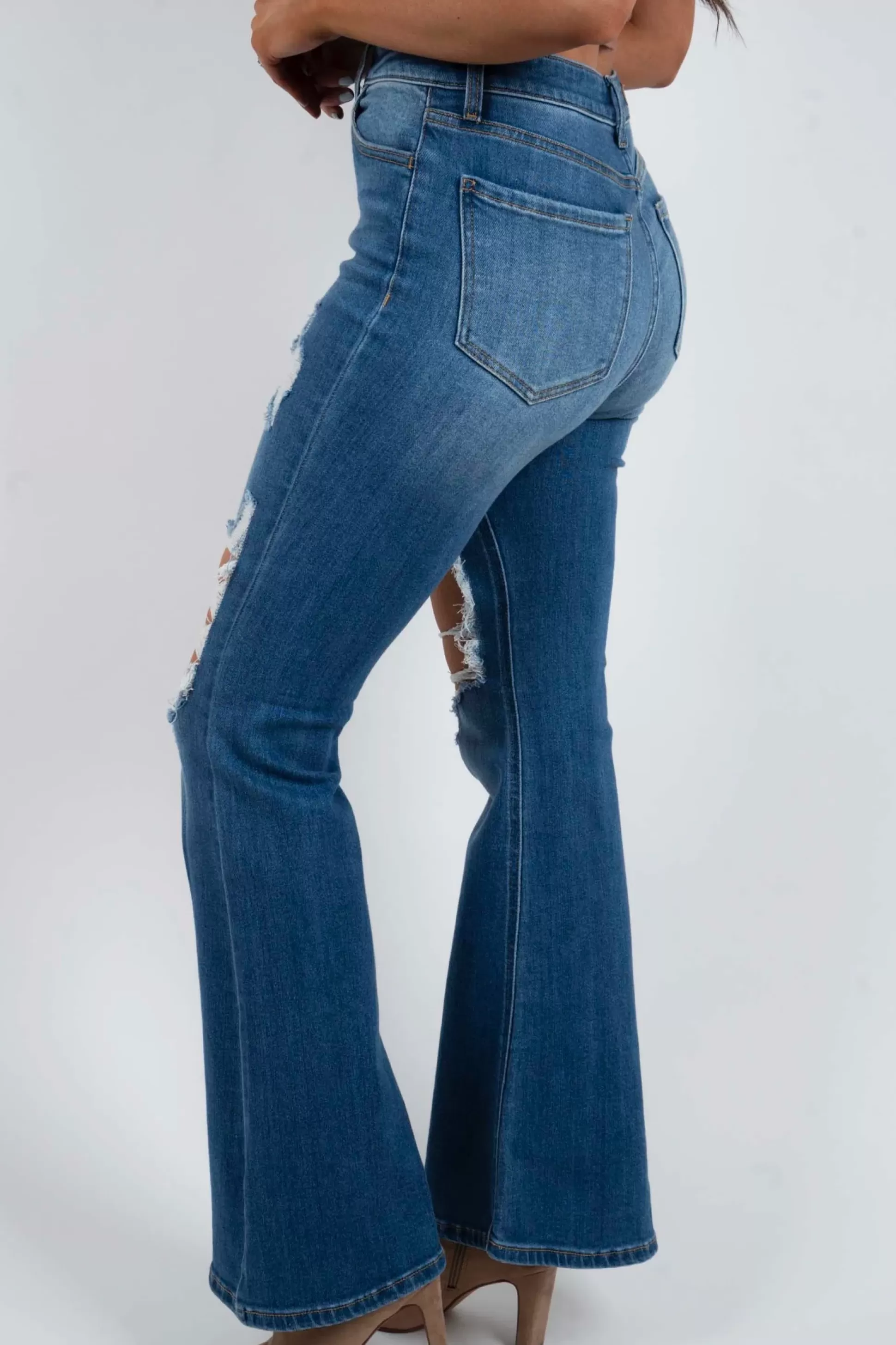 Blushing Brunette Jolie Distressed Flares (Medium Denim)>Women Bell Bottoms/Flares