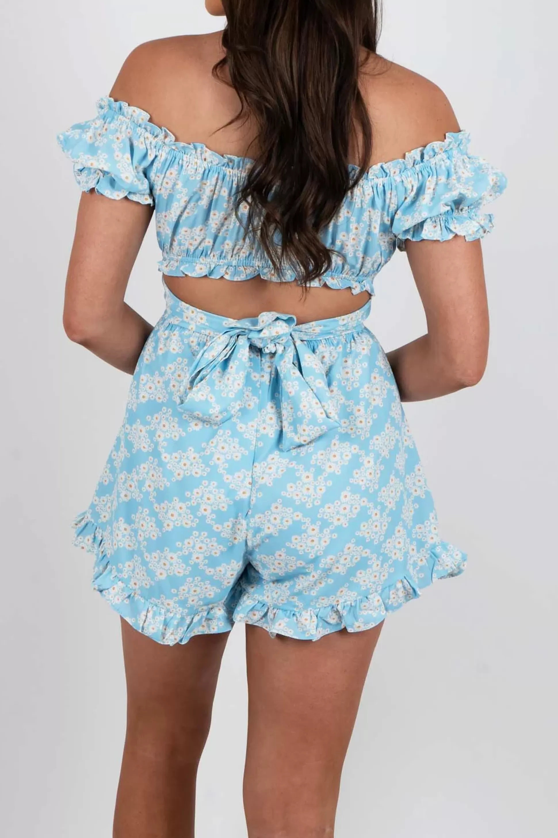 Blushing Brunette Signifying Love Romper (Blue)>Women Rompers